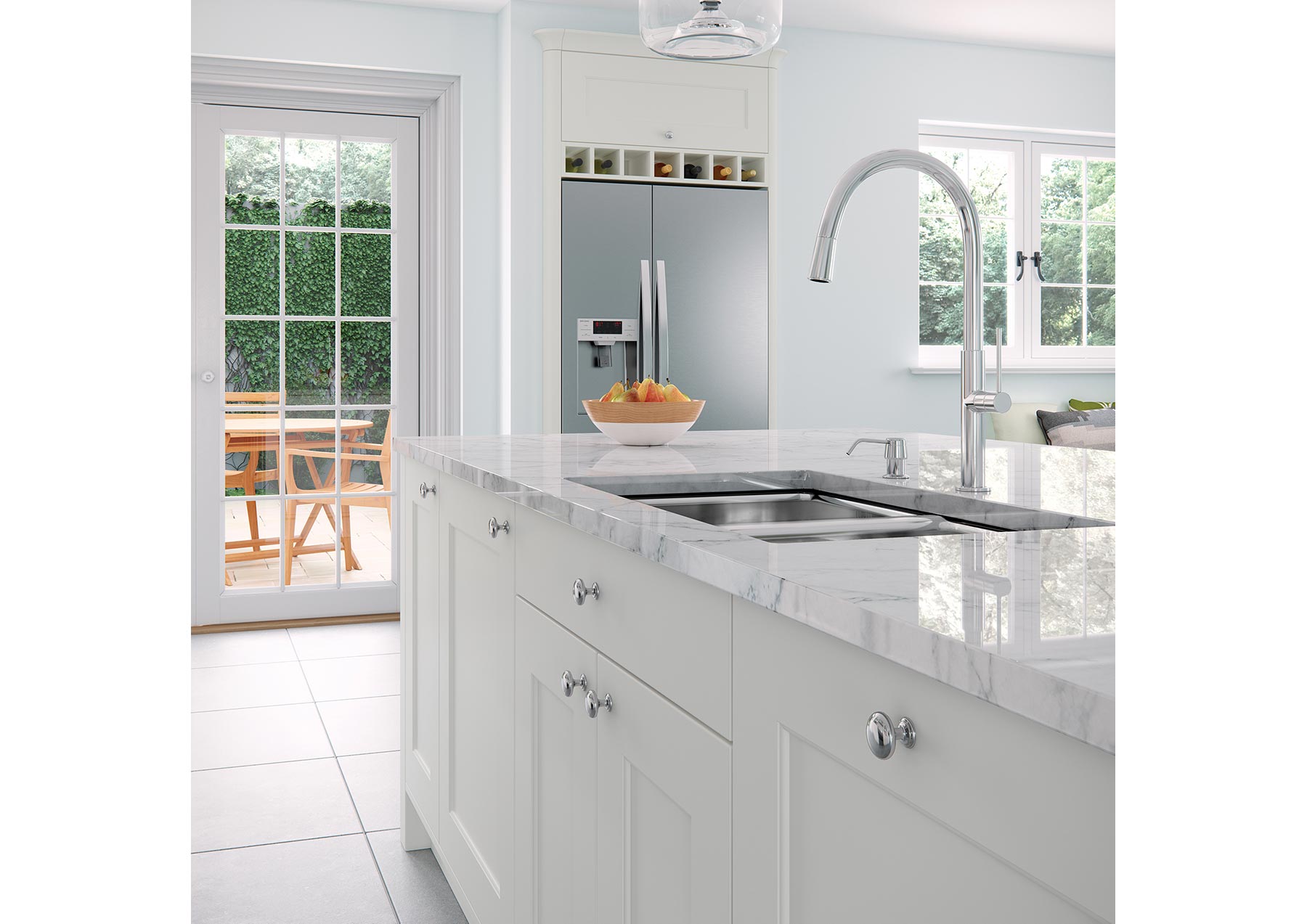Light grey contemporary shaker style kitchen island sink