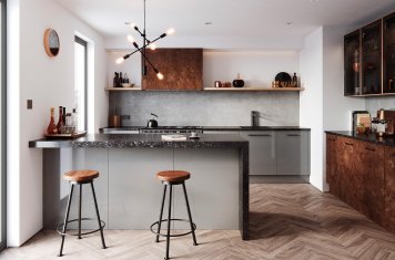 Modern mid grey rust and black kitchen