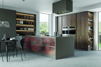 modern handleless kitchen metalic and oak finish full view