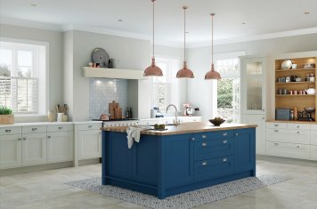 Classic shaker style kitchen painted parisian blue and mussel grey
