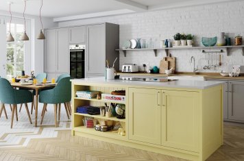 Yellow and dust grey contemporary shaker kitchen