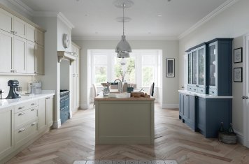 Skinny contemporary style shaker kitchen painted airforce blue and stone main