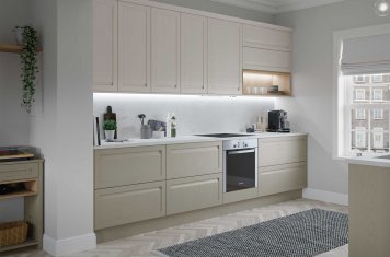 Contemporary Slim Frame Handeless Shaker Kitchen Painted Matte Shell and Stone
