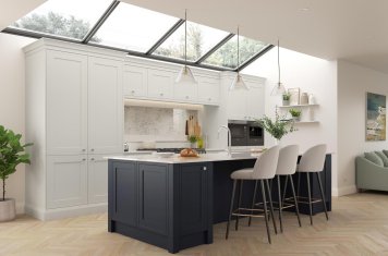 smooth finish mock inframe shaker style kitchen slate blue and light grey